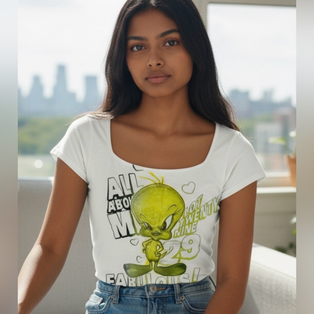Vintage Lot 29 Looney Tunes White Graphic White T-Shirt Tweety Bird Junior Sz M